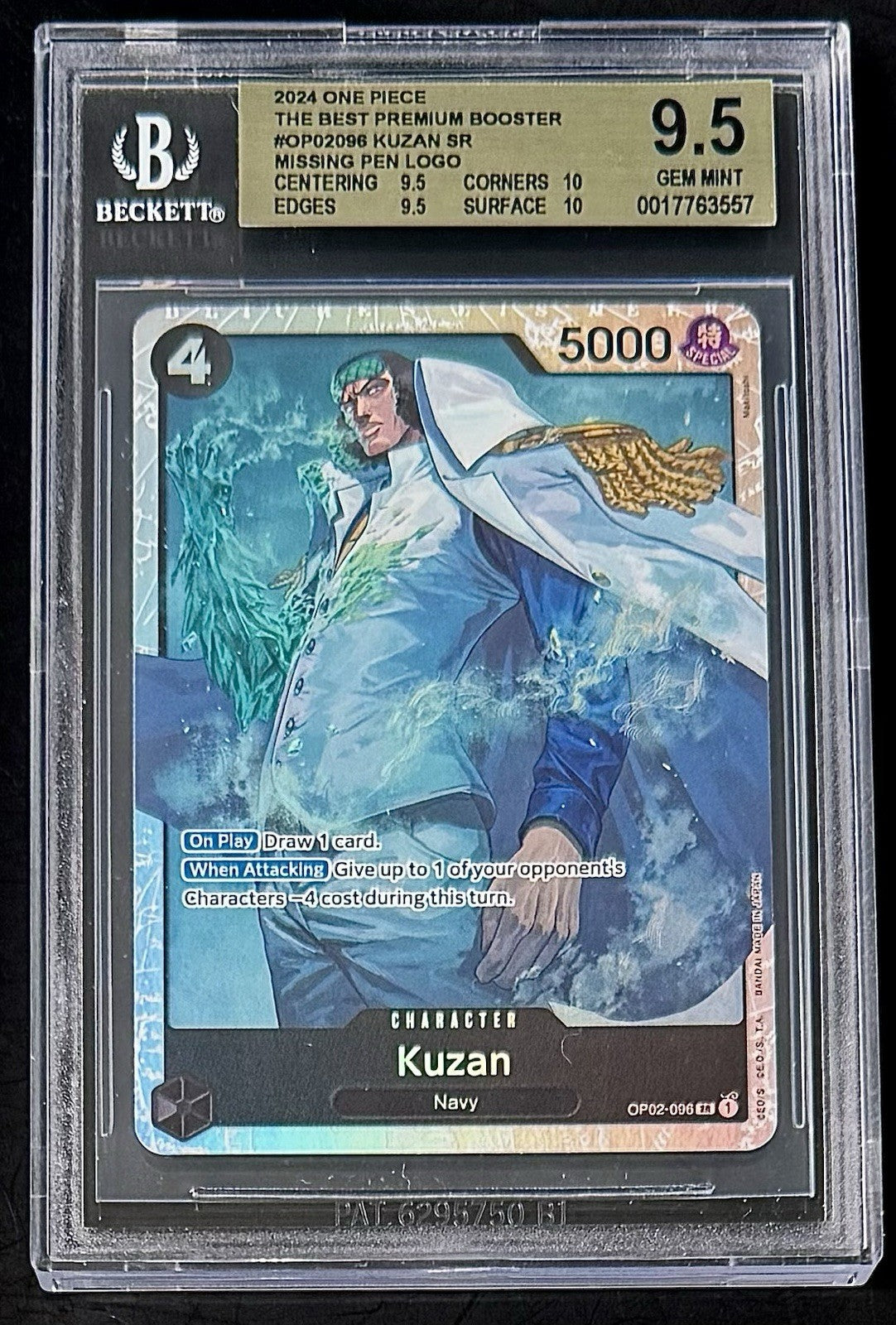 BGS 9.5 One Piece OP02-096 SR Kuzan - English - Foil - PRB01 - Graded
