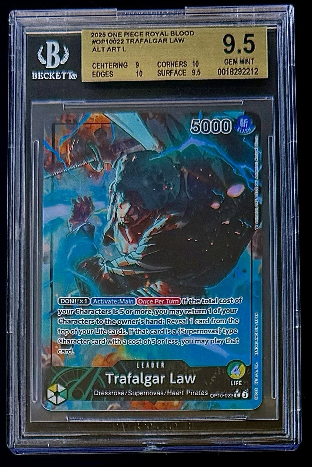 BGS 9.5 One Piece OP10-022 L* Trafalgar Law Alt Art - English-Royal Blood - Foil