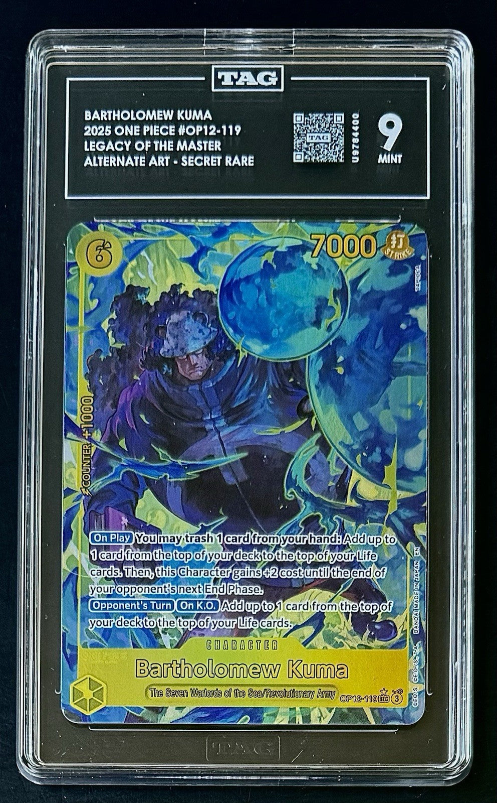 TAG 9 One Piece OP12-119 SEC* Bartholomew Kuma - Alt Art - EN - Foil - Graded