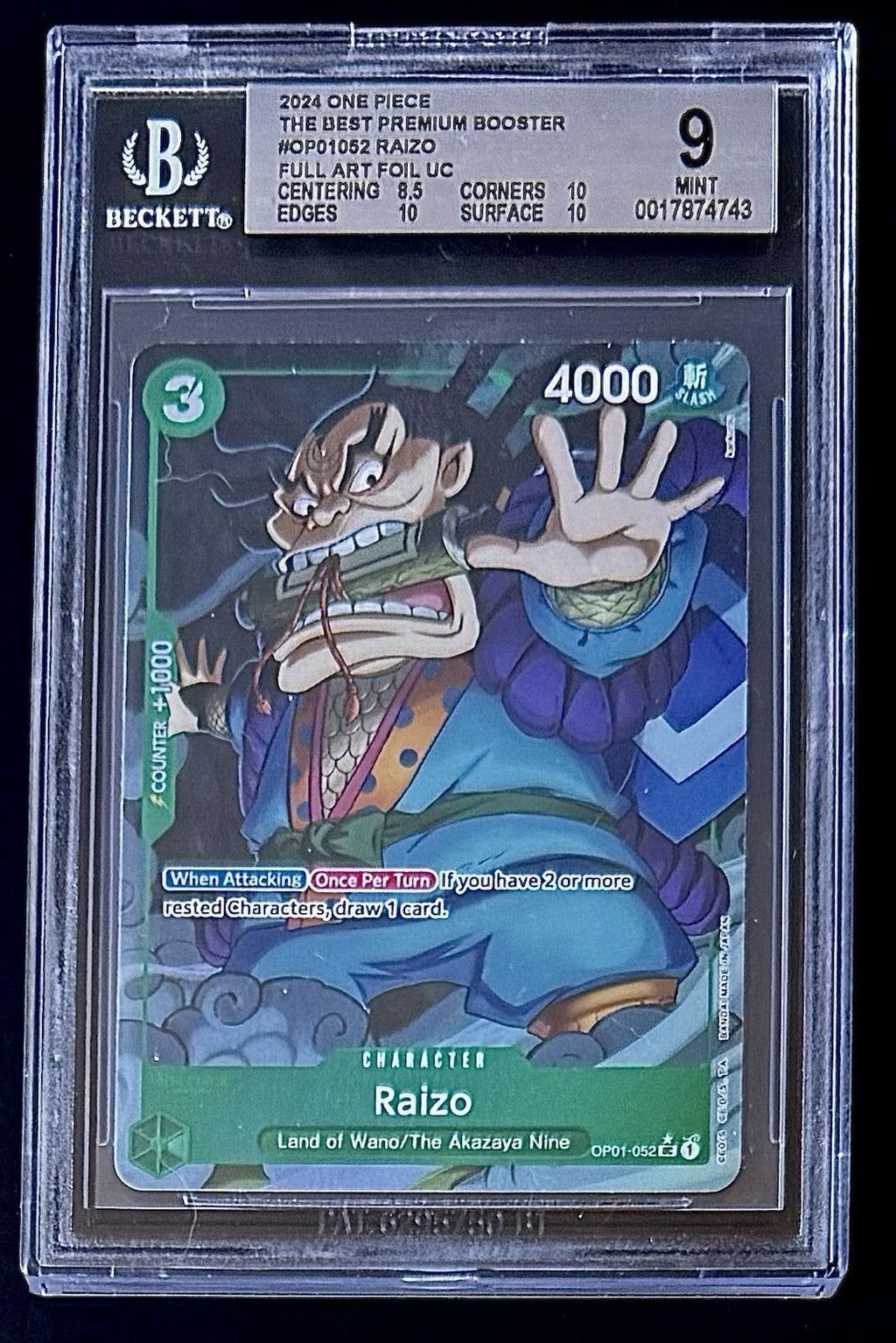 BGS 9 One Piece OP01-052 UC* Raizo Full Art Foil - English - PRB01 - Graded