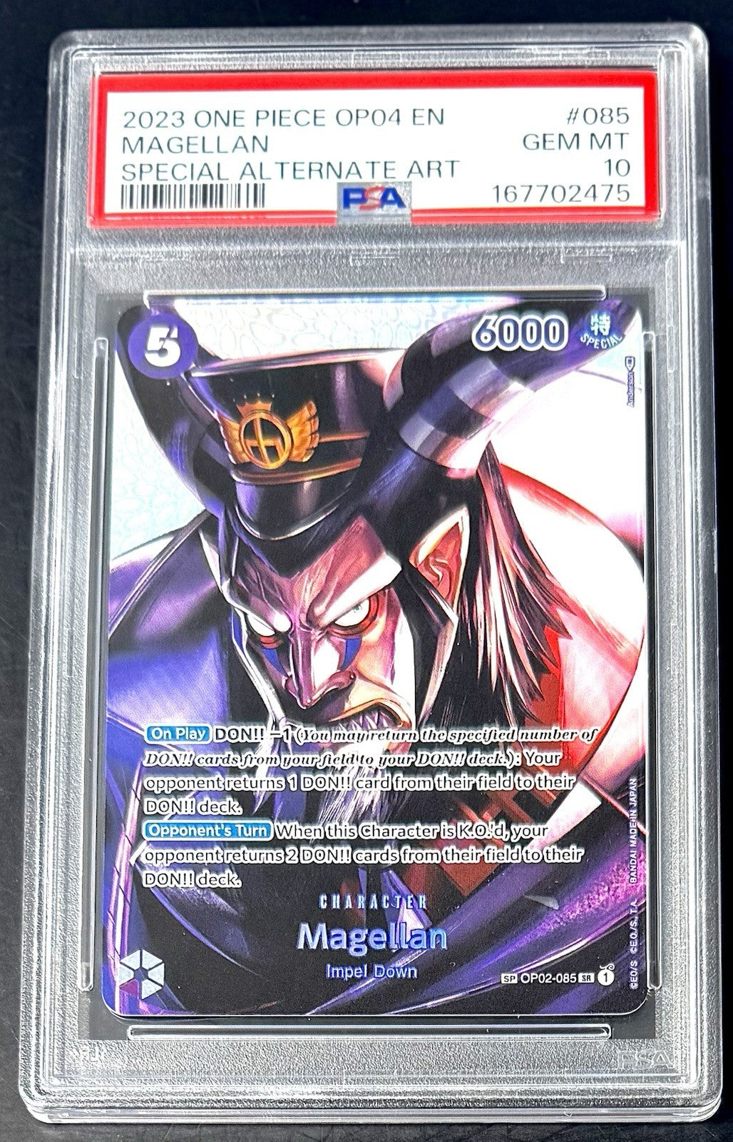 PSA 10 One Piece SP OP02-085 SR - Magellan - Special AA- EN-Kingdoms of Intrigue