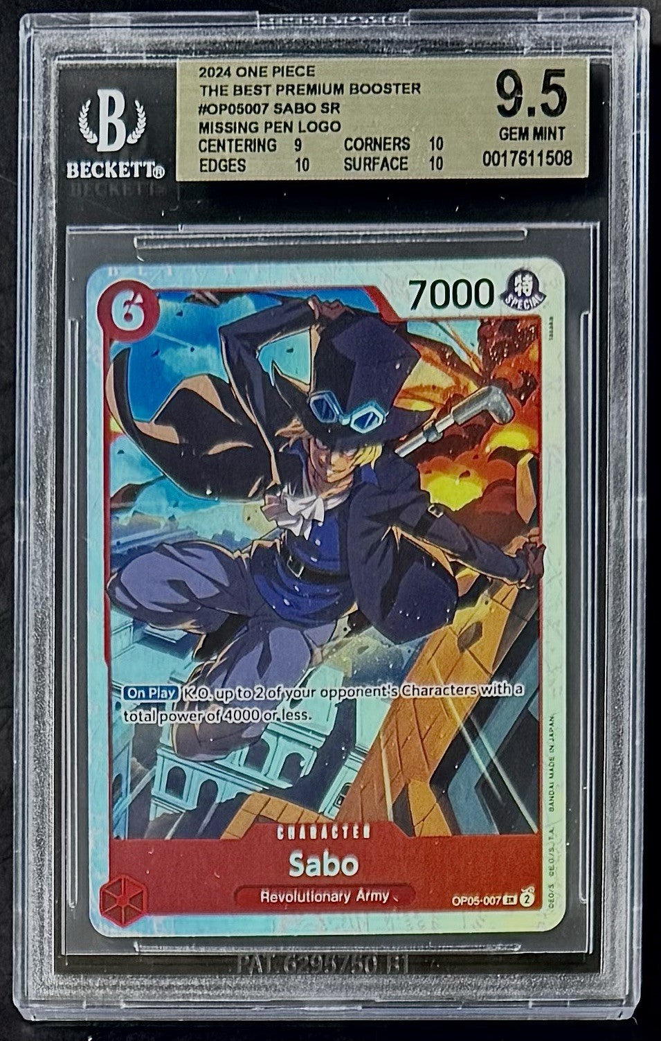 BGS 9.5 One Piece OP05-007 SR Sabo - English - Awakening of the New Era - Graded