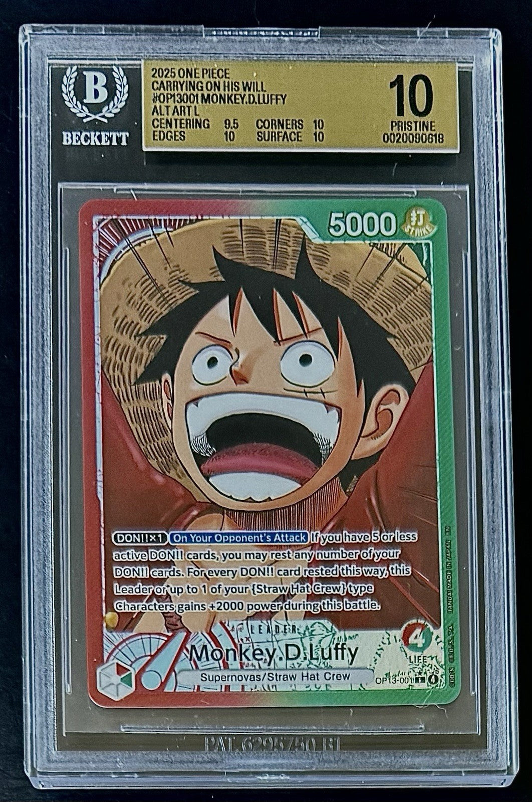 BGS 10 One Piece OP13-001 L* - Monkey.D.Luffy - Alt Art - EN - Foil