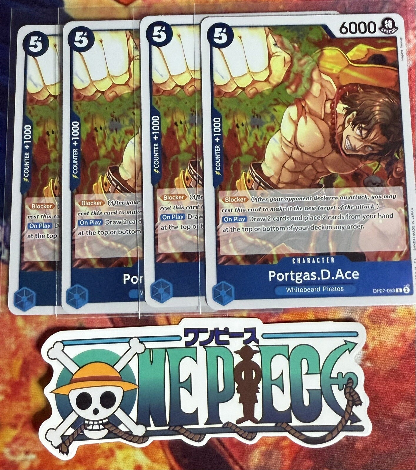 4x One Piece OP07-053 R Portagas.D.Ace - English - Foil - Playset - TCG - NM/M