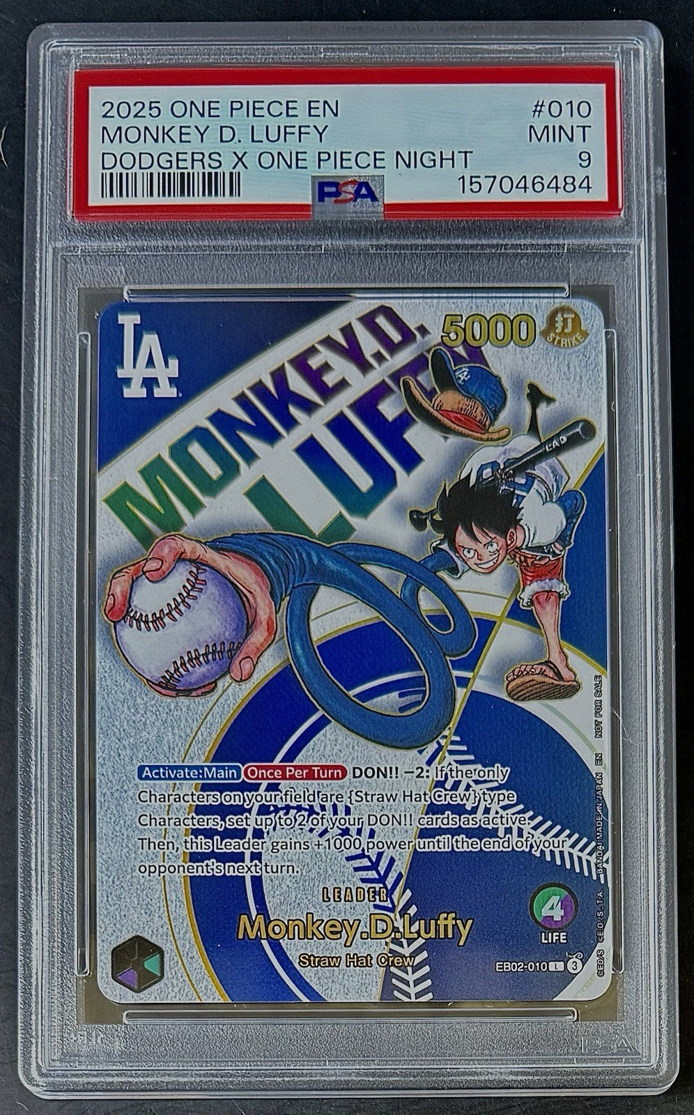 PSA 9 One Piece EB02-010 L - Monkey.D.Luffy - Dodgers X Promo - EN - Foil