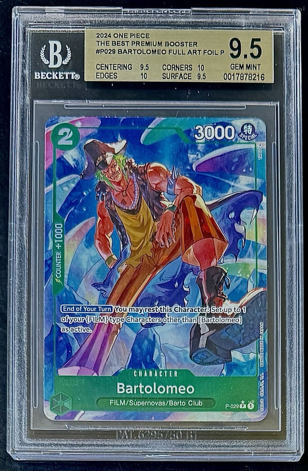 BGS 9.5 One Piece P-029 P* - Bartolomeo - Full Art Foil - EN - PRB01 - Graded
