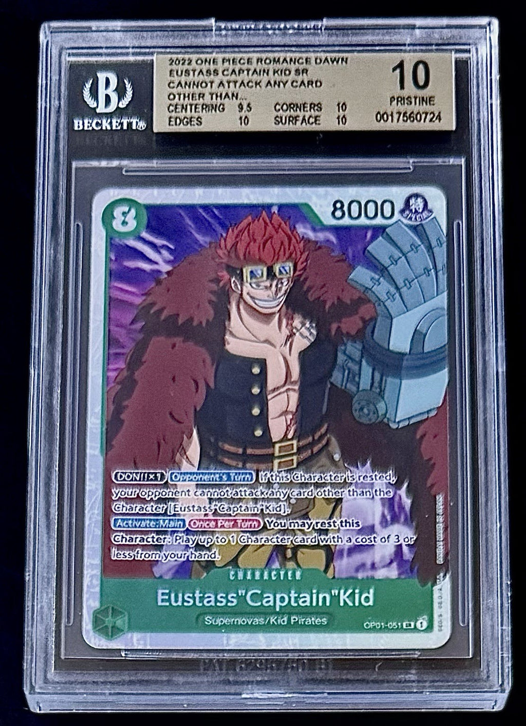 BGS 10 One Piece OP01-051 SR Eustass"Captain"Kid - English -Romance Dawn- Graded