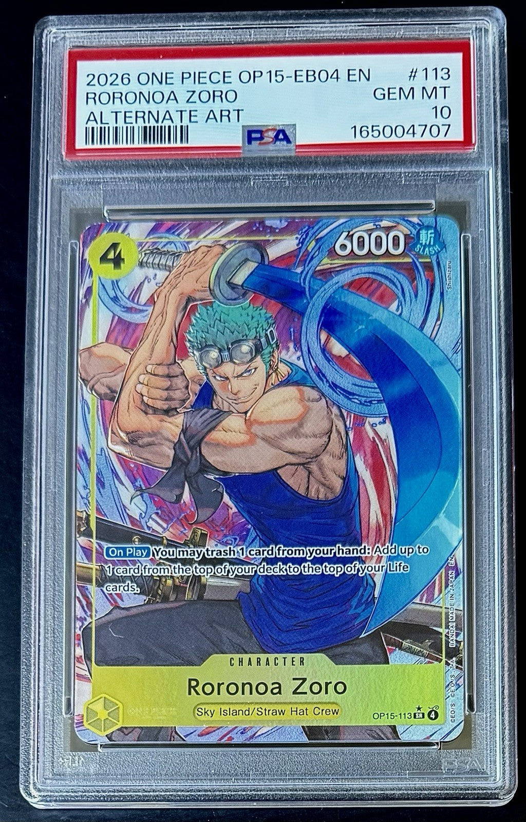 PSA 10 One Piece OP15-113 SR*- Roronoa Zoro - AA -EN -Adventure on Kami's Island
