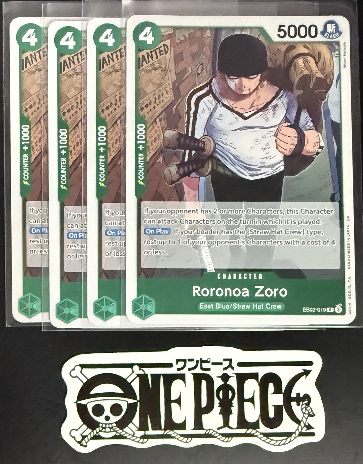 4x One Piece EB02-019 R Roronoa Zoro - English - Foil - Play Set - TCG - NM/M