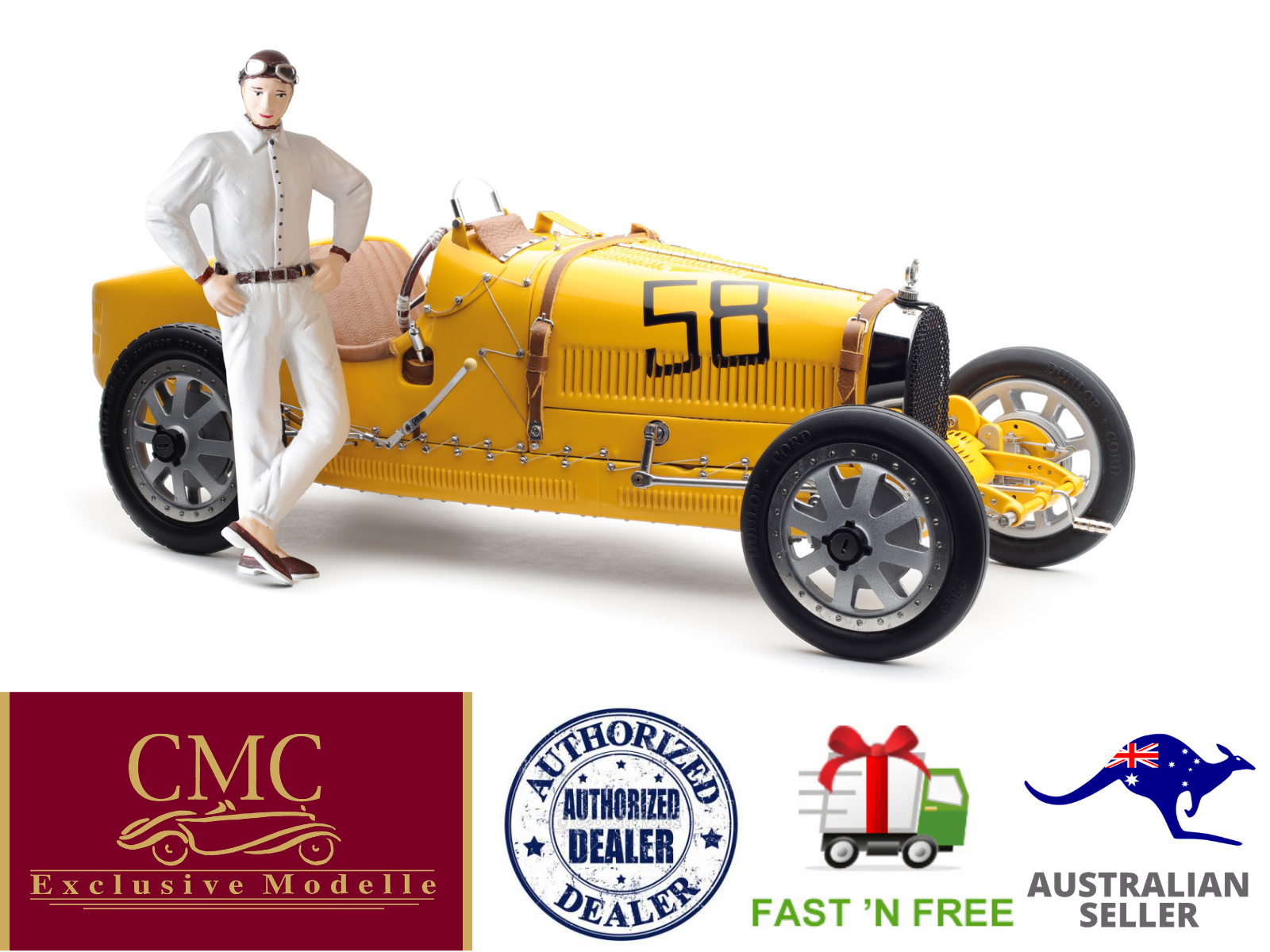CMC M-100-017 - Bugatti Type 35 Grand Prix, Yellow Livery w/ Female Racer, 1:18
