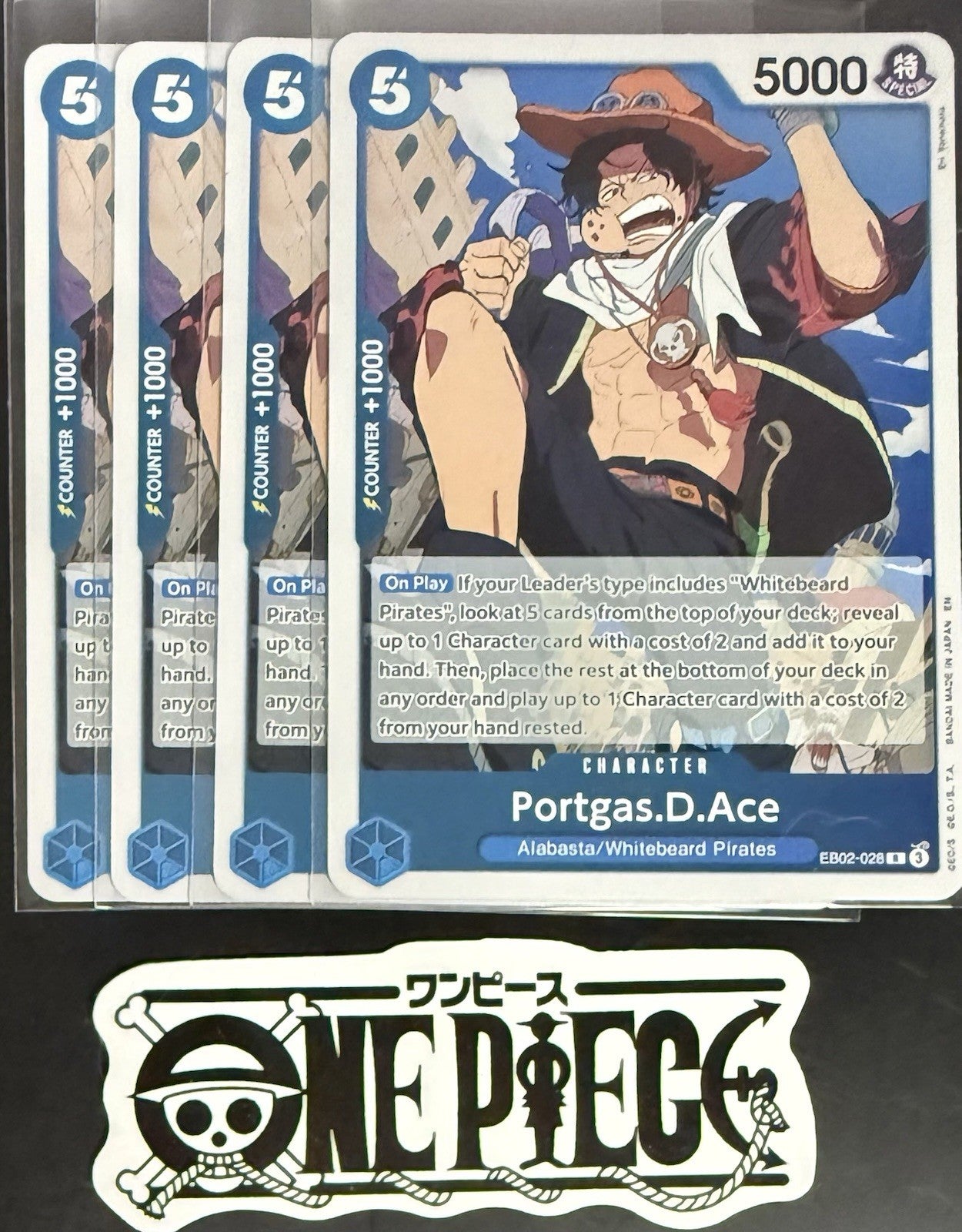 4x One Piece EB02-028 R Portgas.D.Ace - English - Foil - Play Set - TCG - Mint