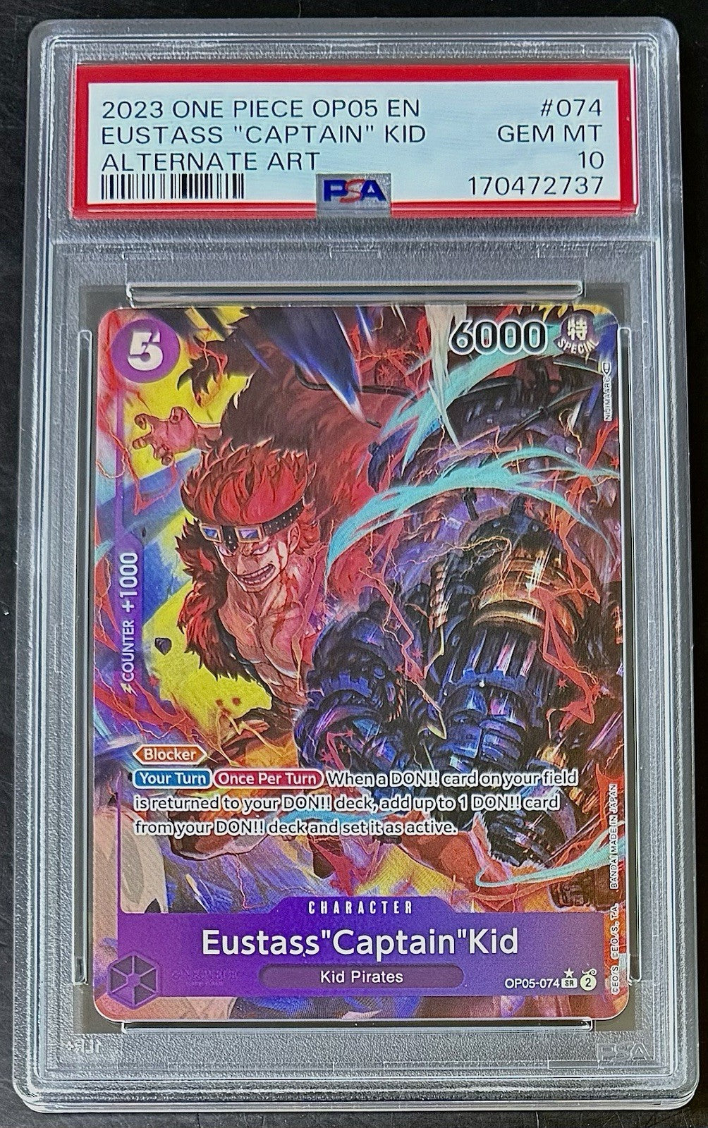 PSA 10 One Piece OP05-074 SR* - Eustass"Captain"Kid - Alt Art - EN - Foil