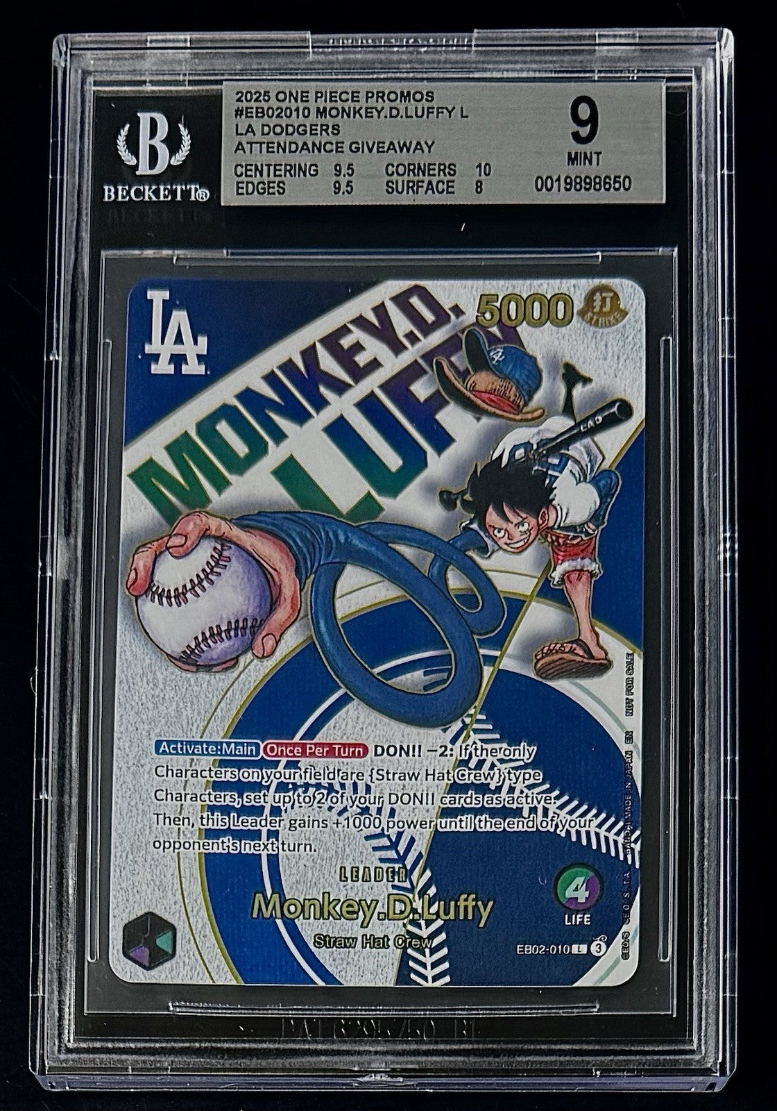BGS 9 One Piece Night EB02-010 L Monkey.D.Luffy 2025 LA Dodgers  X Promo