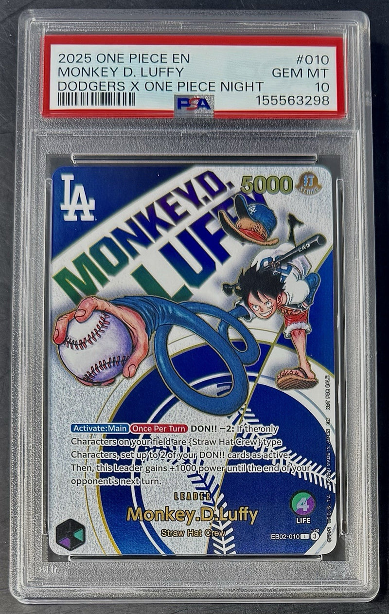 PSA 10 One Piece EB02-010 L - Monkey.D.Luffy - EN - Dodgers X One Piece Night