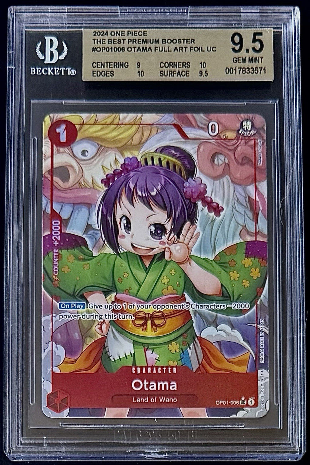 BGS 9.5 One Piece OP01-006 UC* Otama Full Art Foil - English - PRB01 - Graded