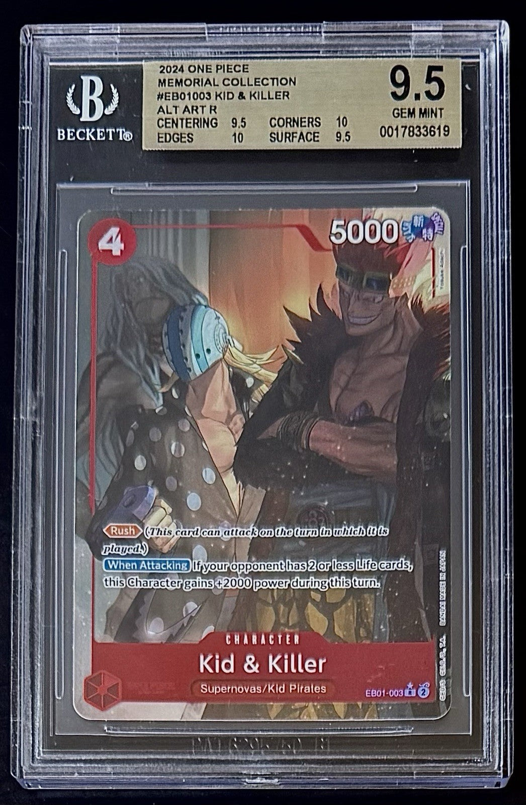 BGS 9.5 One Piece EB01-003 R* Kid & Killer Alt Art - English-Memorial Collection