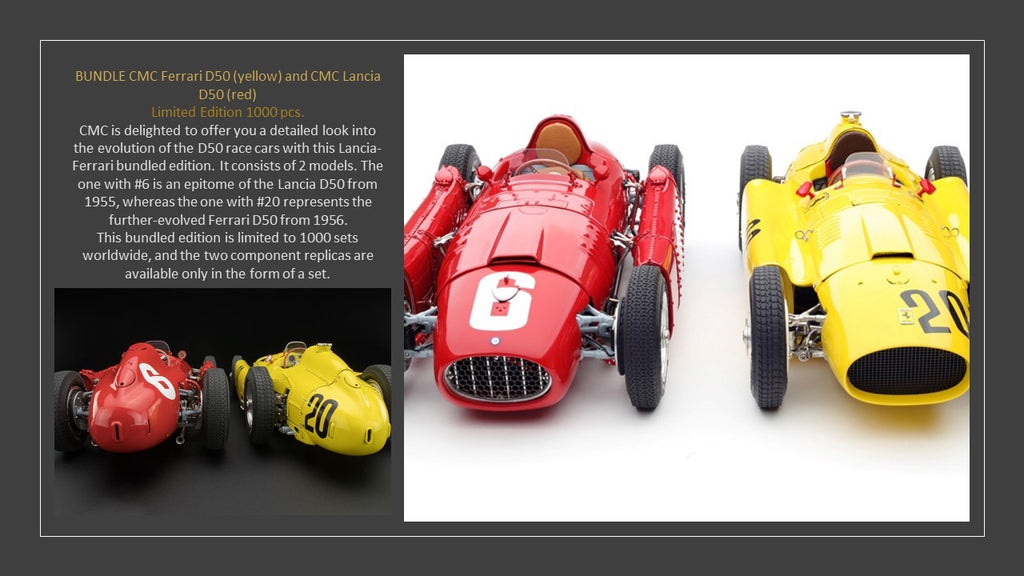 CMC M-184 Ferrari D50 Bundle of 2 Cars, #20 in Yellow & #6 in Red, 1:18
