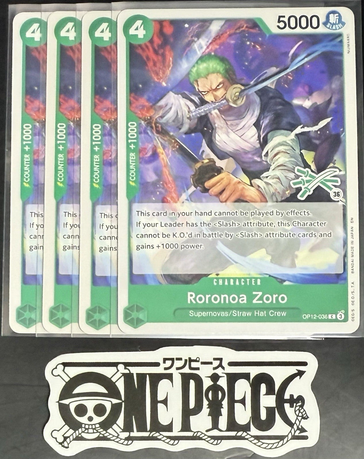 4x One Piece OP12-036 C Roronoa Zoro - English - Regular - Play Set - LD01 -NM/M