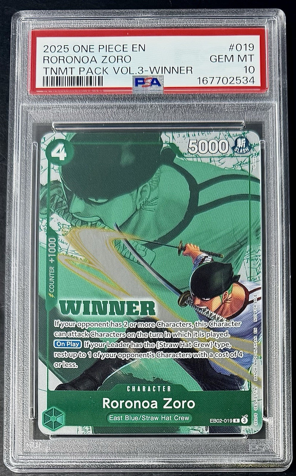 PSA 10 One Piece EB02-019 R - Roronoa Zoro - Winner - EN - Tournament Pack Vol.3