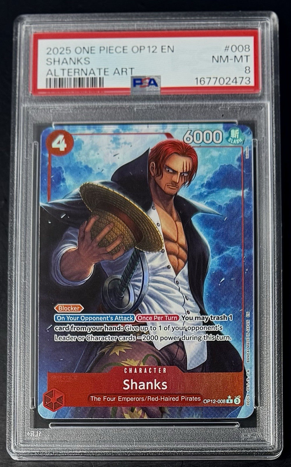 PSA 8 One Piece OP12-008 R* - Shanks - Alt Art - EN - Legacy of the Master