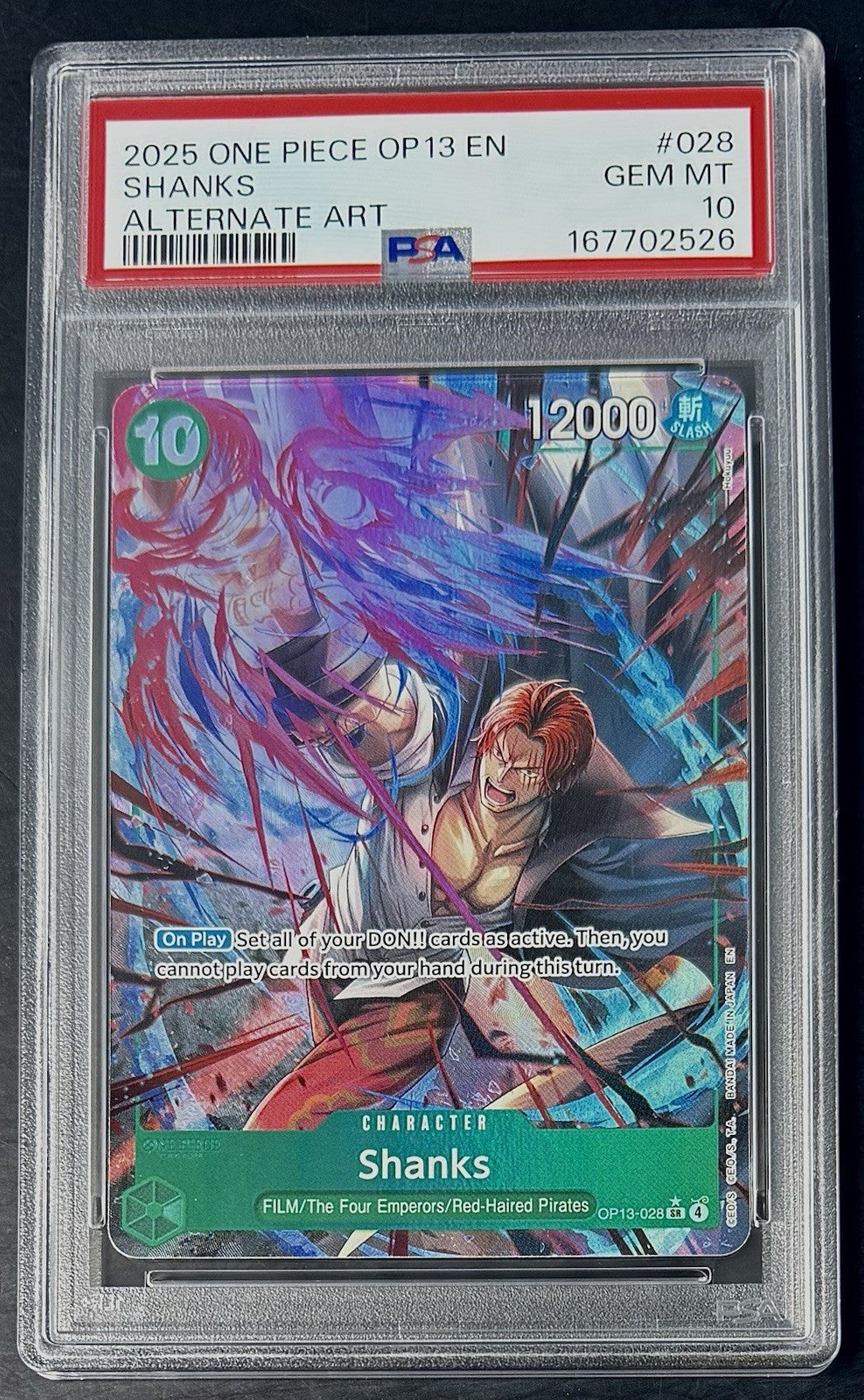 PSA 10 One Piece OP13-028 SR* - Shanks - Alt Art - EN - Carrying on His Will