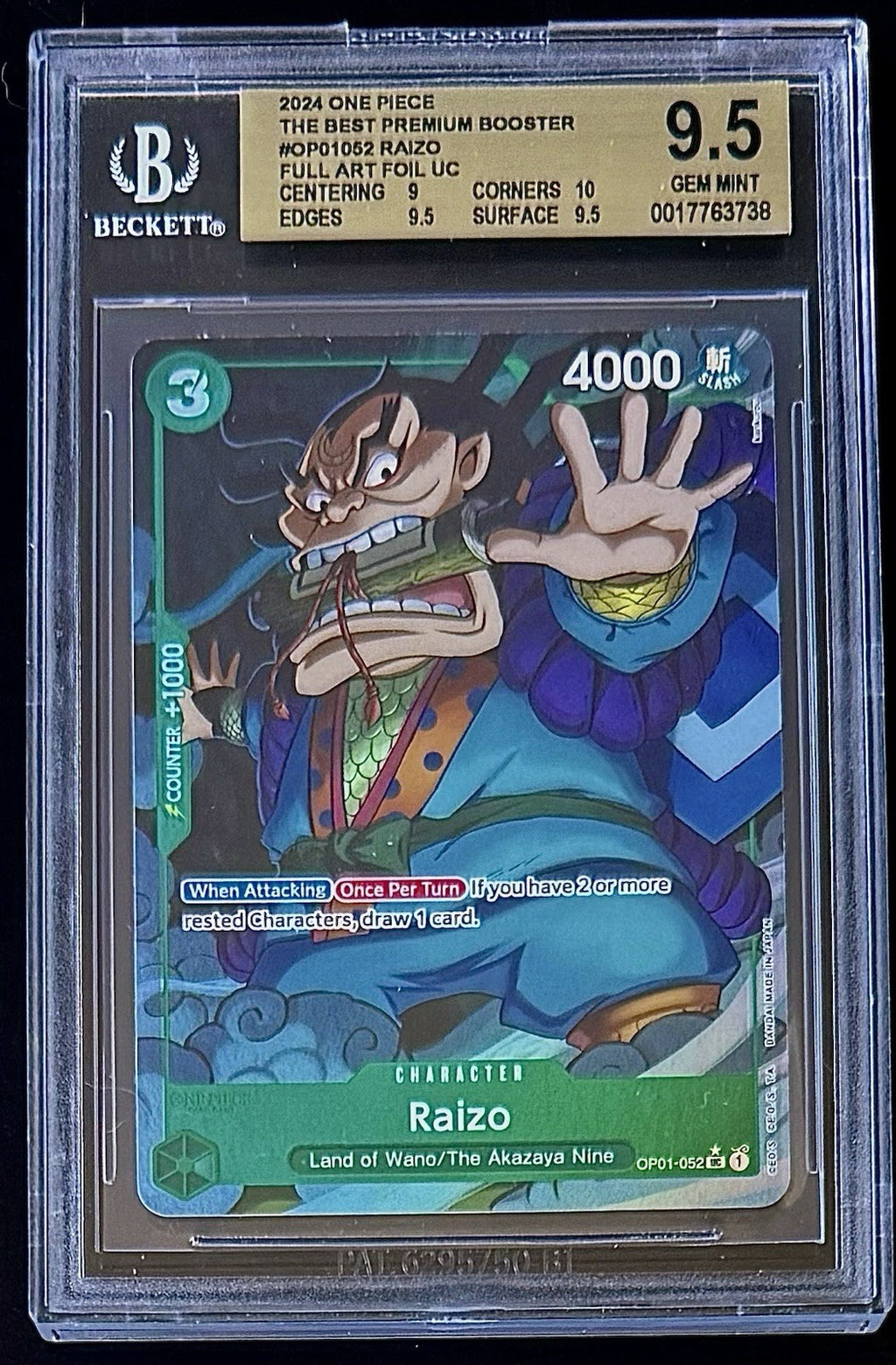 BGS 9.5 One Piece OP01-052 UC* Raizo Full Art Foil  - English - PRB01 - Graded
