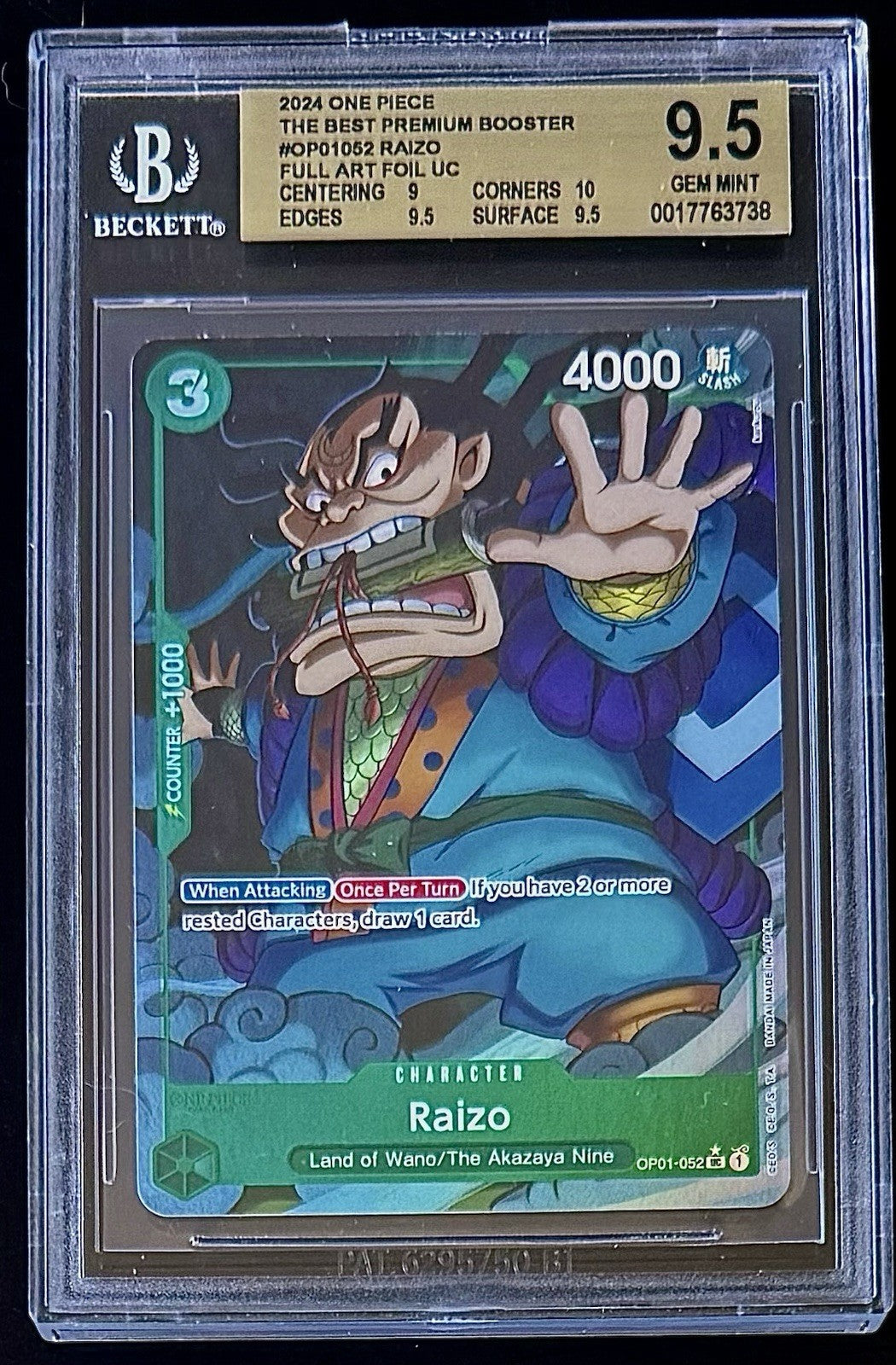 BGS 9.5 One Piece OP01-052 UC* Raizo Full Art Foil  - English - PRB01 - Graded