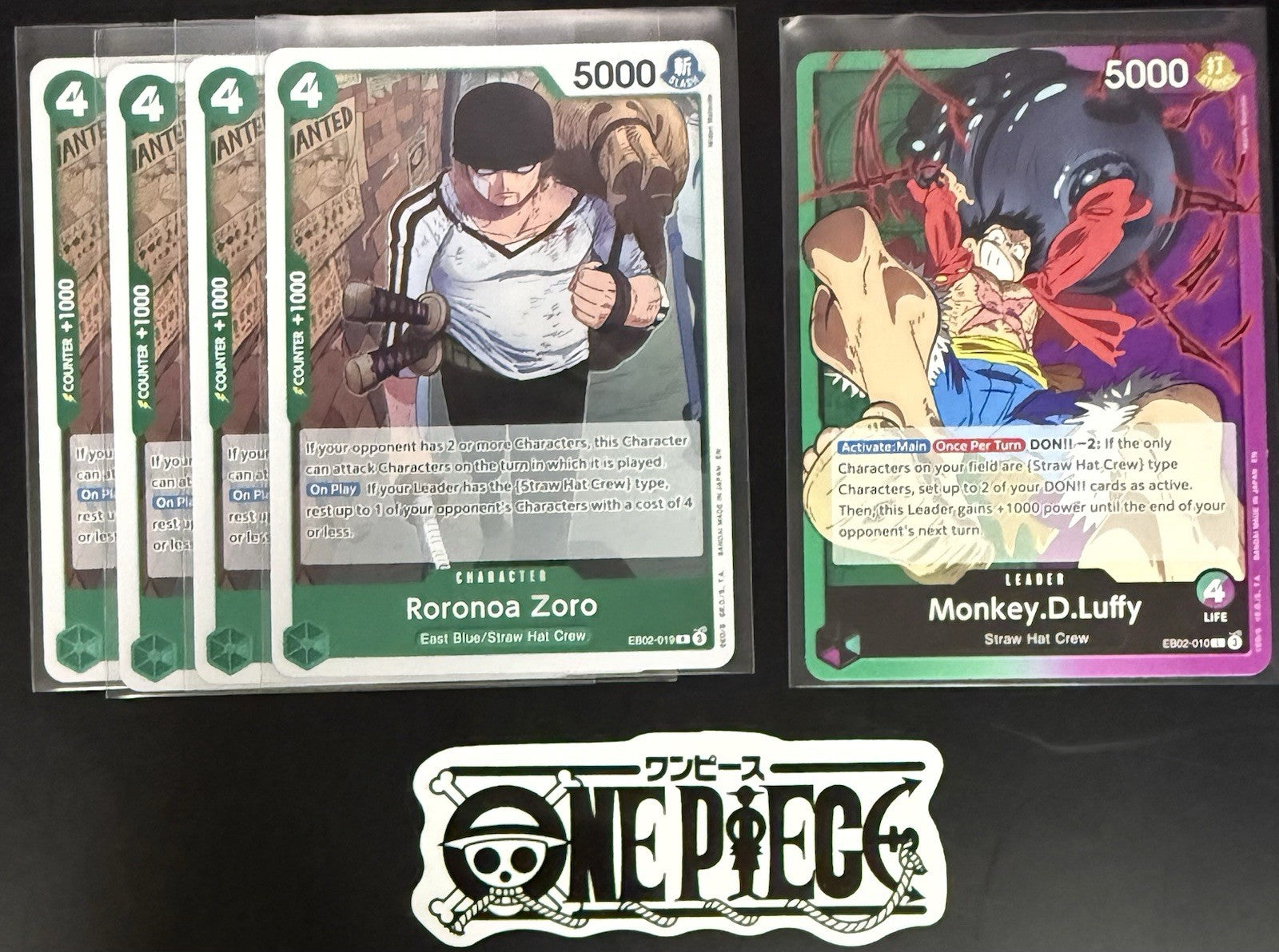 4x One Piece EB02-019 R Roronoa Zoro + Leader - ENG - Foil - Play Set - TCG-NM/M