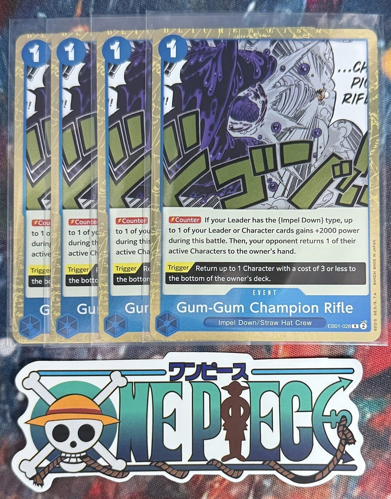 4x One Piece EB01-028 R Gum-Gum Champion Rifle - ENG - Foil - Playset - TCG-NM/M
