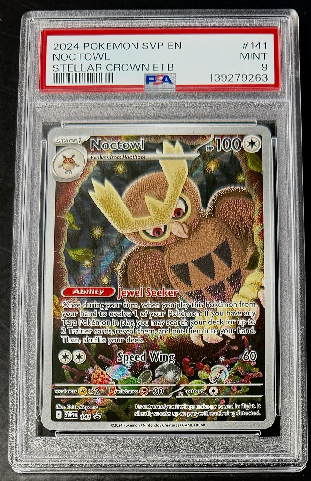 PSA 9 Noctowl 141 SVP Black Star Promo 2024 EN Stellar Crown Pokemon TCG Mint