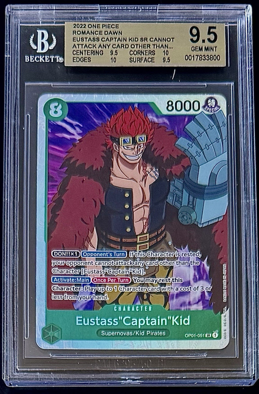 BGS 9.5 One Piece OP01-051 SR Eustass"Captain"Kid - English -Romance Dawn-Graded