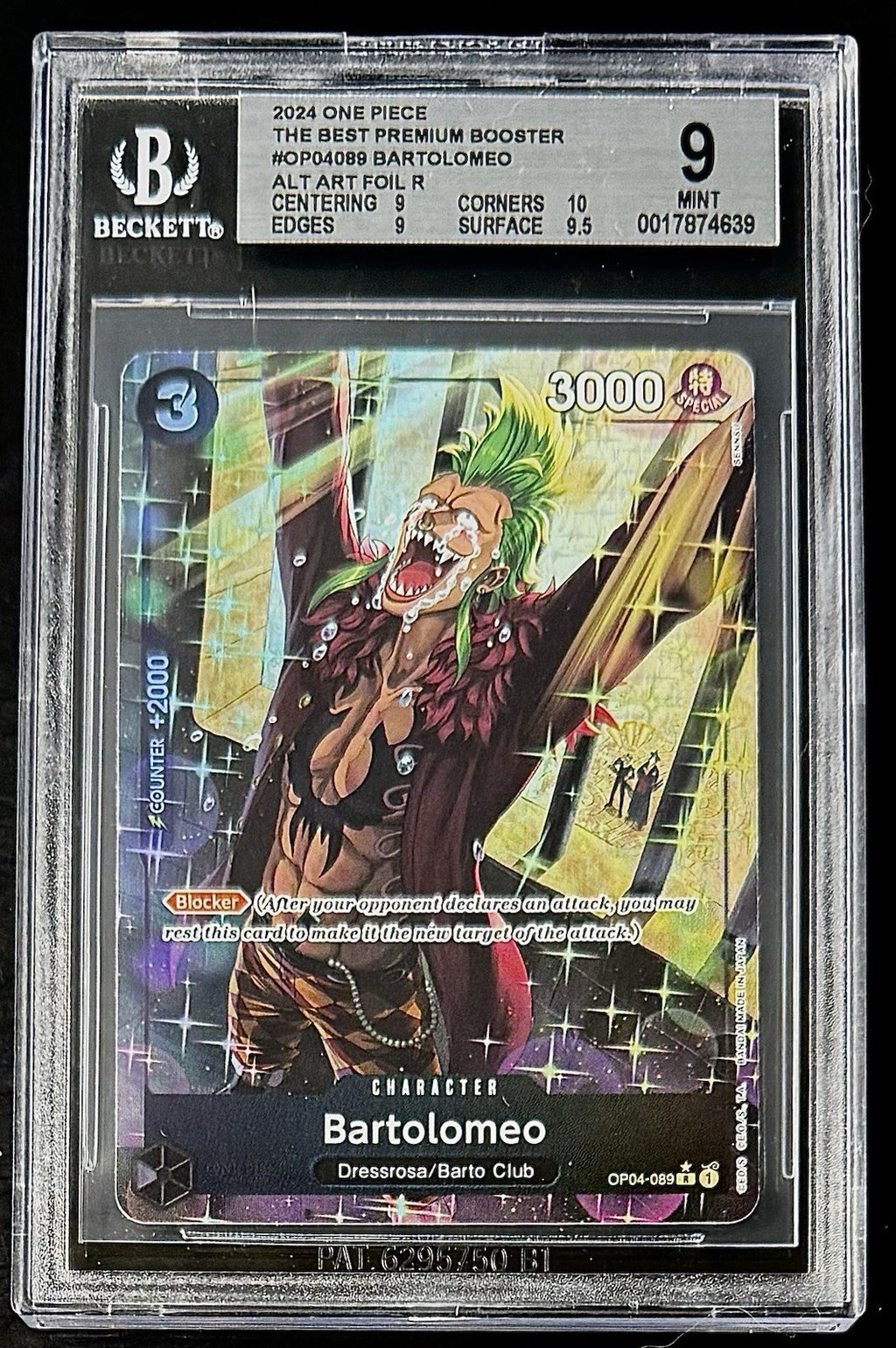 BGS 9 One Piece OP04-089 R* Bartolomeo Alt Art - English - PRB01 - Graded