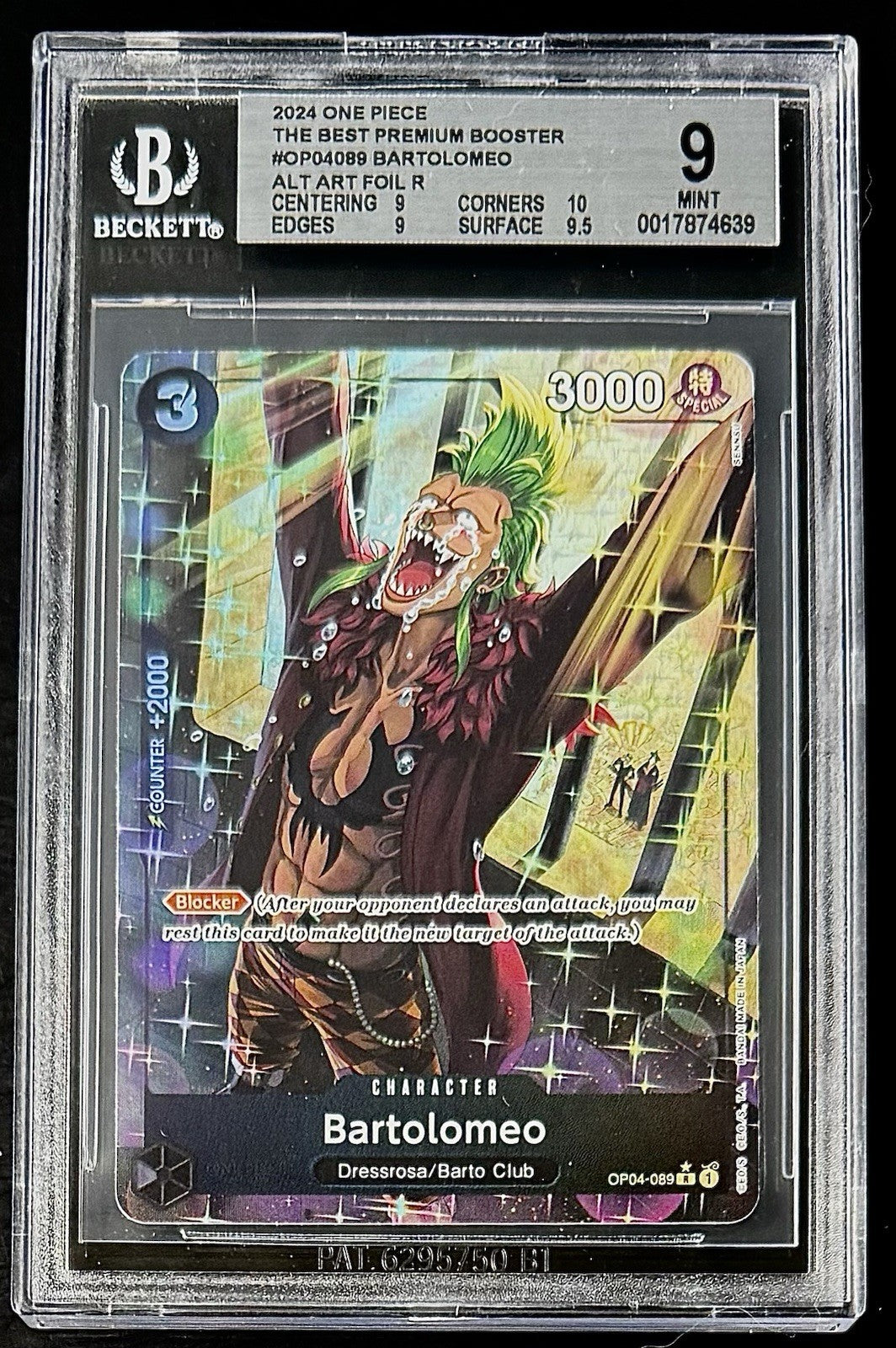 BGS 9 One Piece OP04-089 R* Bartolomeo Alt Art - English - PRB01 - Graded