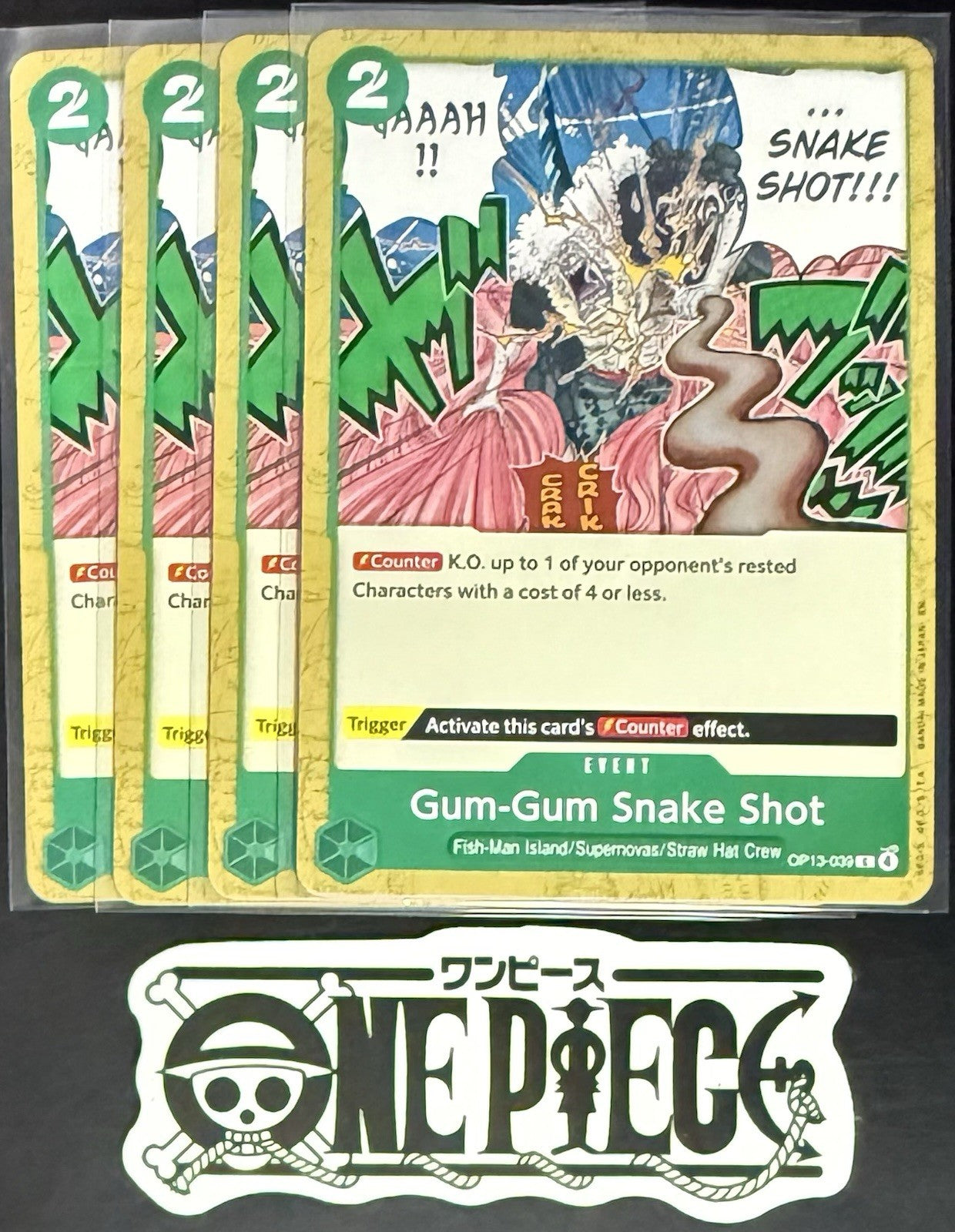 4x One Piece OP13-039 C Gum-Gum Snake Shot - ENG - Regular - Playset - TCG -NM/M