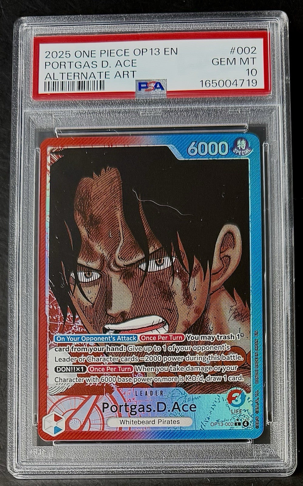 PSA 10 One Piece OP13-002 L* - Portgas.D.Ace - AA - EN - Carrying on His Will