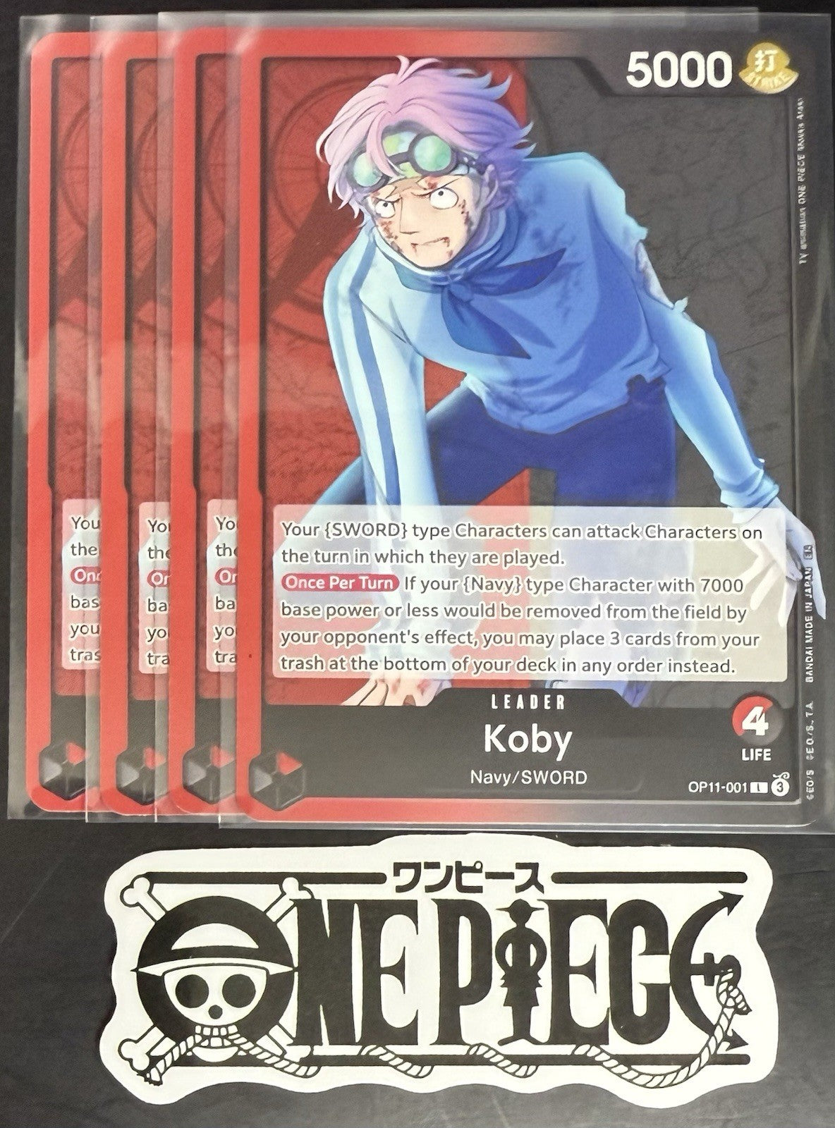4 x One Piece OP11-001 L - Koby - ENG - Regular - TCG - NM/M
