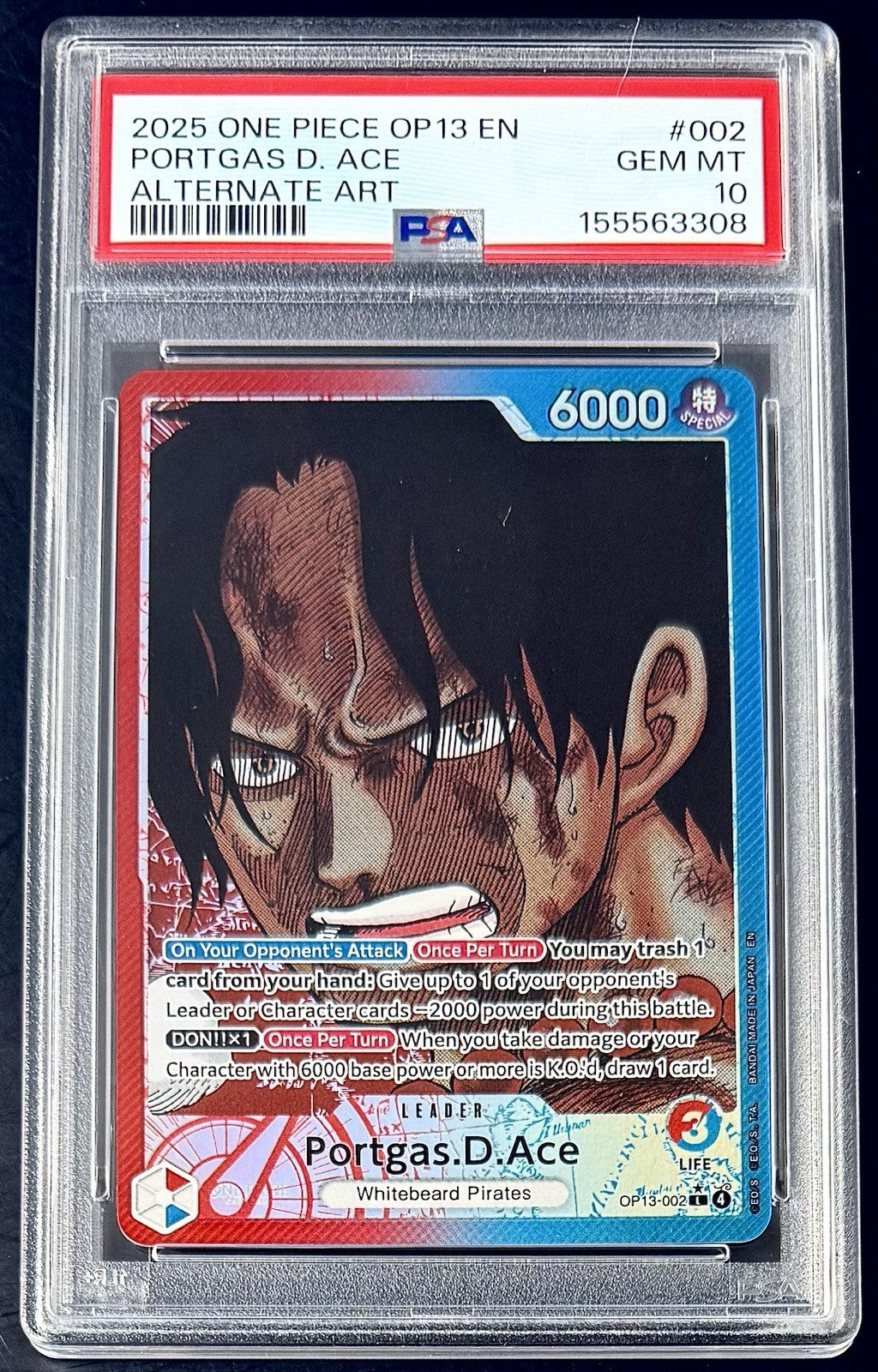 PSA 10 One Piece OP13-002 L* - Portgas.D.Ace - AA - EN - Carrying on His Will