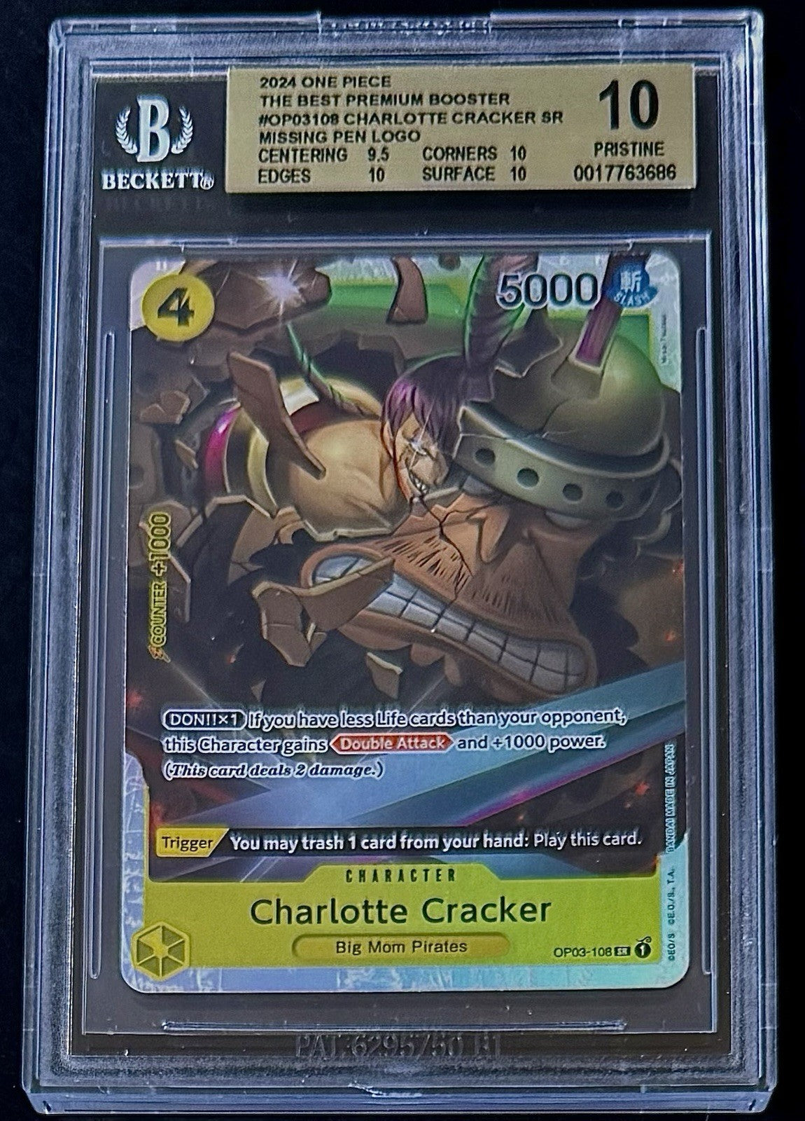 BGS 10 One Piece OP03-108 SR Charlotte Cracker - English - Foil - PRB01 - Graded