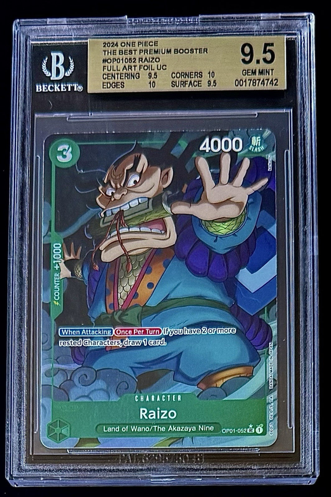 BGS 9.5 One Piece OP01-052 UC* Raizo Full Art Foil - English - PRB01 - Graded