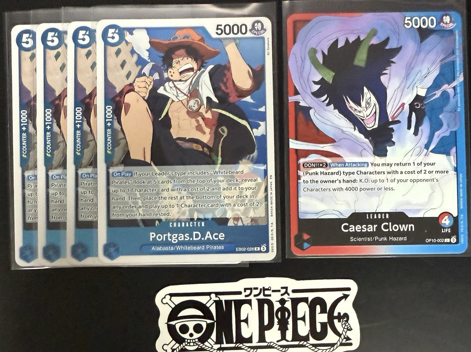 4x One Piece EB02-028 R Portgas.D.Ace + Leader - English -Foil-Play Set-TCG-Mint