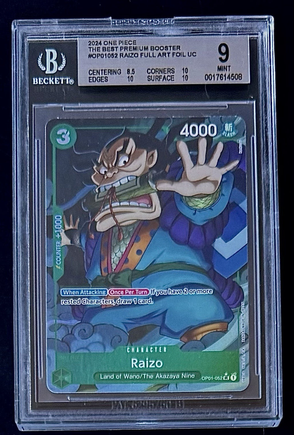 BGS 9 One Piece OP01-052 UC* Raizo Full Art Foil - English - PRB01 - Graded