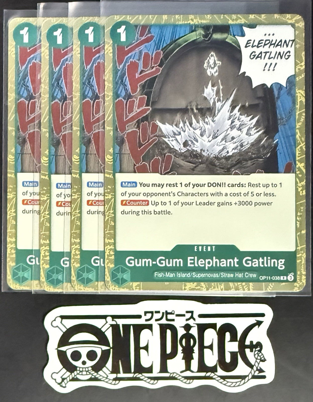 4x One Piece OP11-038 R Gum-Gum Elephant Gatling - ENG - Foil - Playset - NM/M